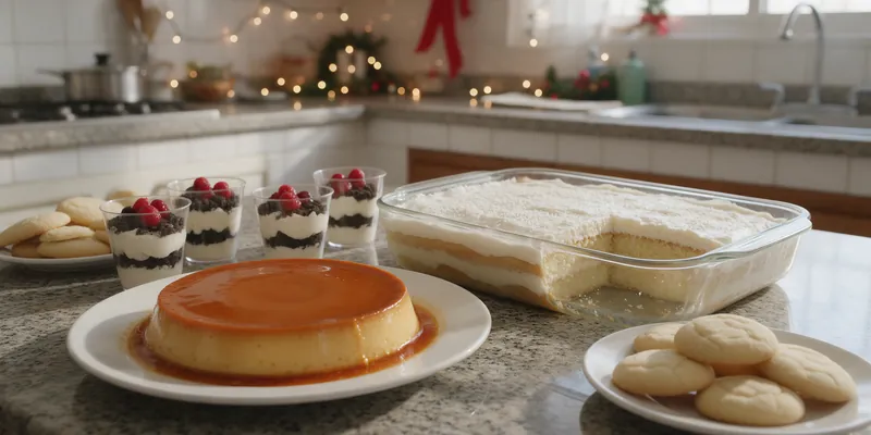 Flan, tres leches y vasitos de postre en una cocina de casa
