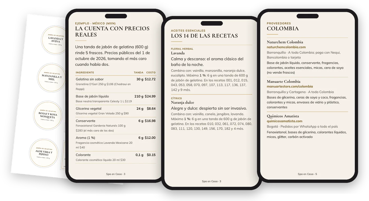 Páginas reales de las herramientas en el celular: tabla de precios, índice de aromas, proveedores y hoja de etiquetas