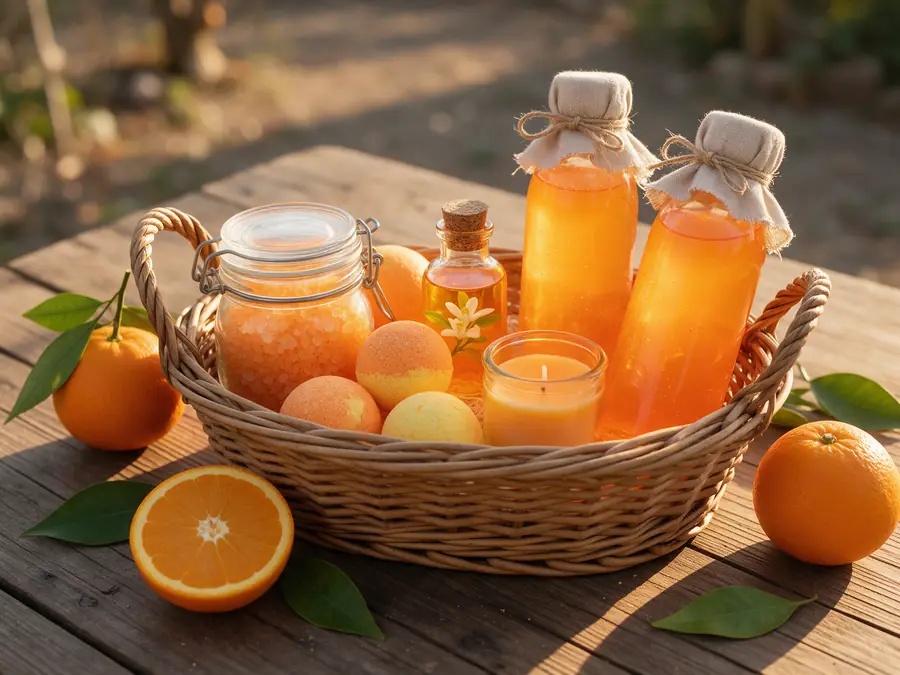 Canasta con sales, bombas, aceite, vela y jabones de naranja