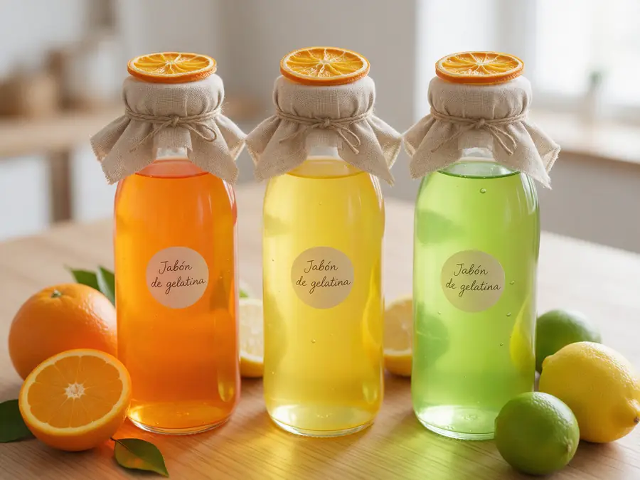 Tres botellas de jabón de gelatina cítrico con naranjas y limones