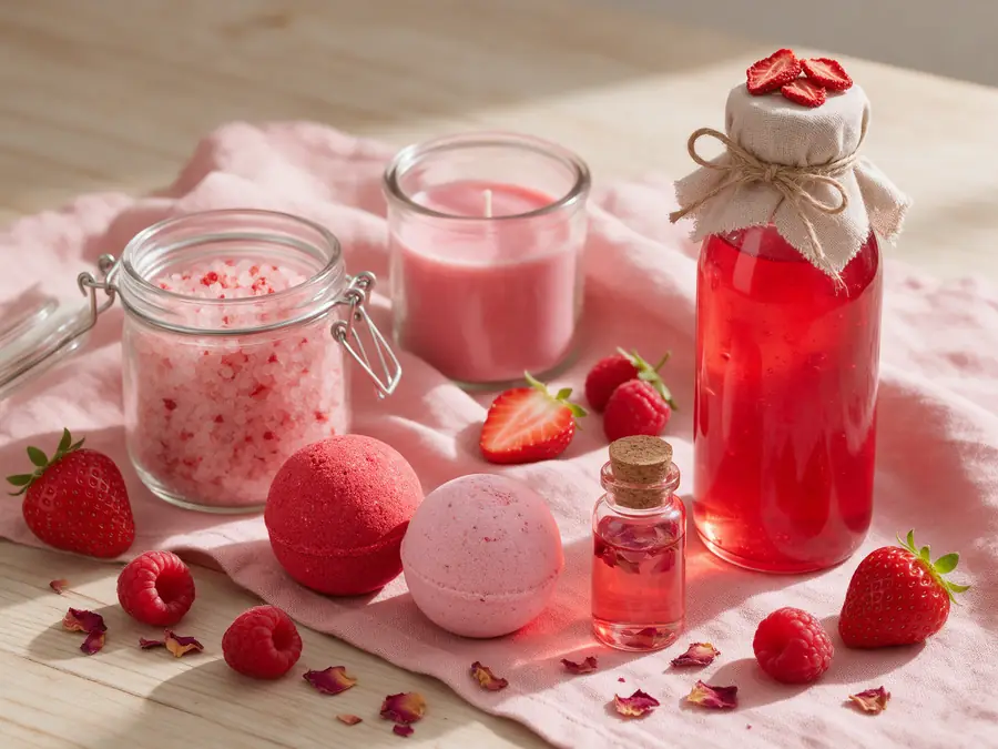 Set de spa de frutos rojos: sal, bombas, vela, aceite y jabón