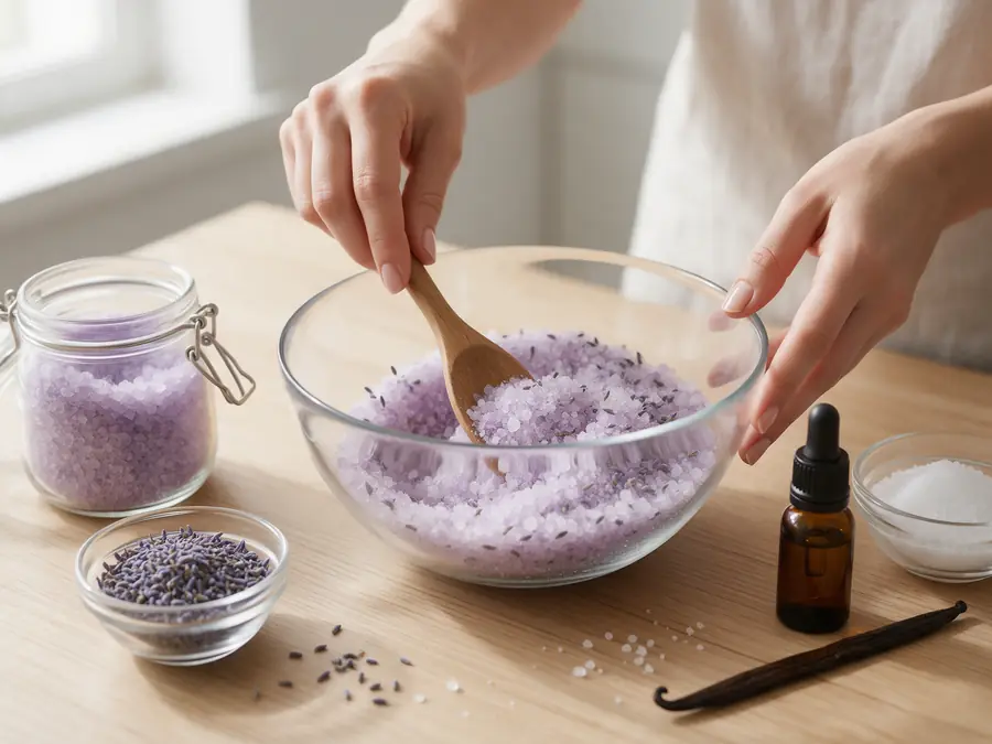 Manos mezclando sal de baño de lavanda en un bol de vidrio
